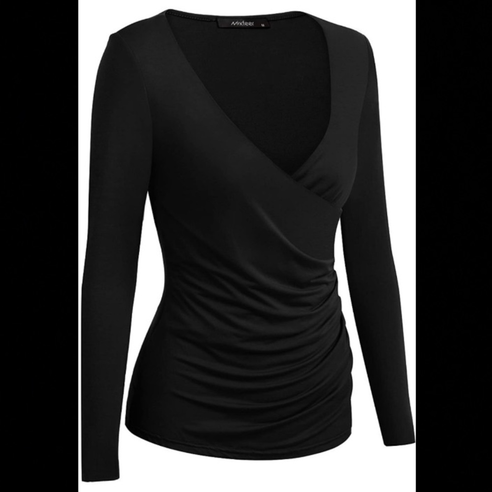 Women's Deep V Neck Long Sleeve Cross Front Slim Fit T-Shirt Wrap Top - Picture 2 of 5